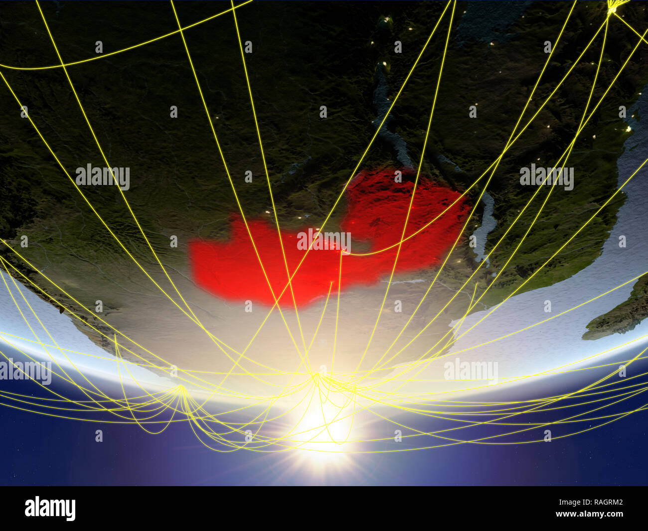 Zambia on model of planet Earth in sunrise with network representing ...