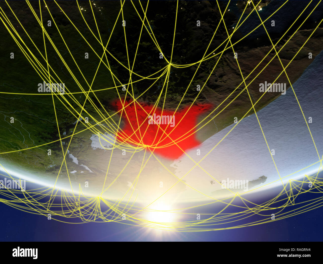 Kenya on model of planet Earth in sunrise with network representing ...
