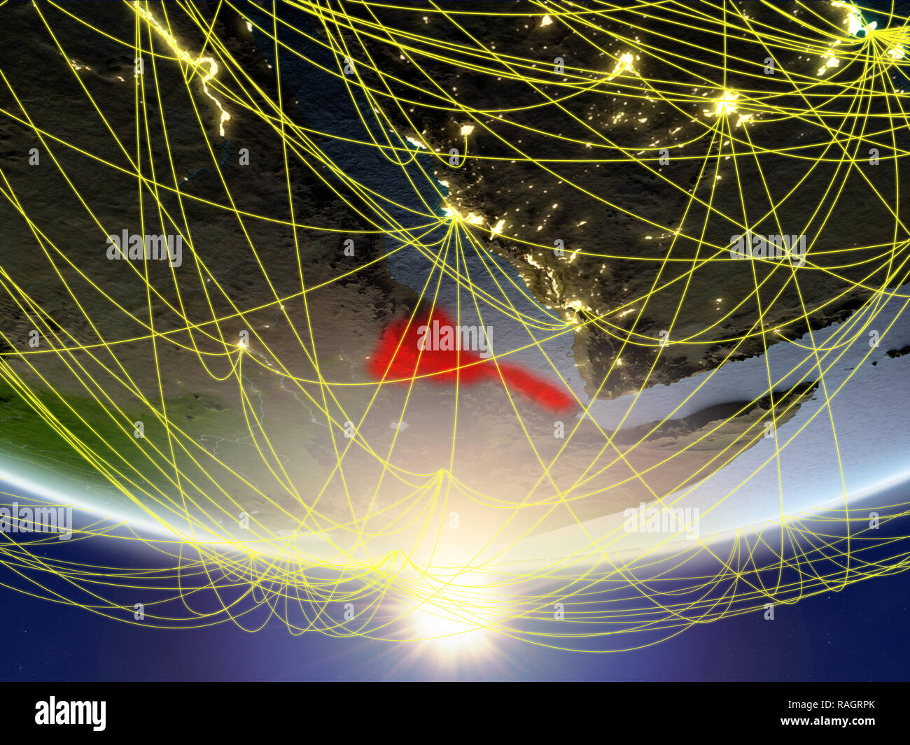 Eritrea on model of planet Earth in sunrise with network representing ...