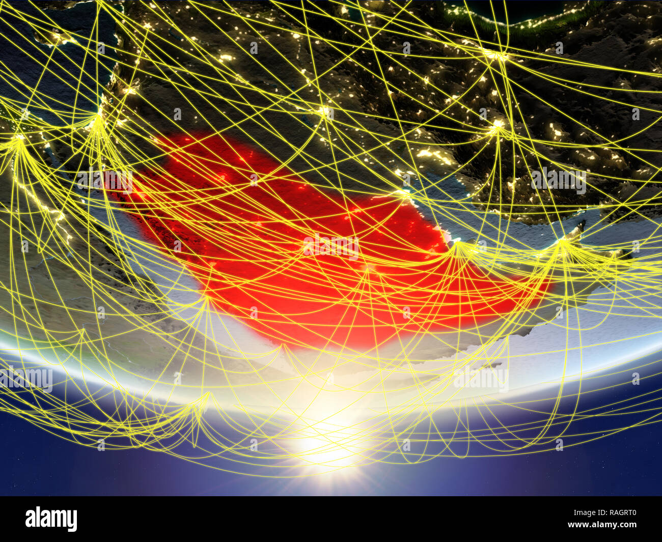 Saudi Arabia on model of planet Earth in sunrise with network ...