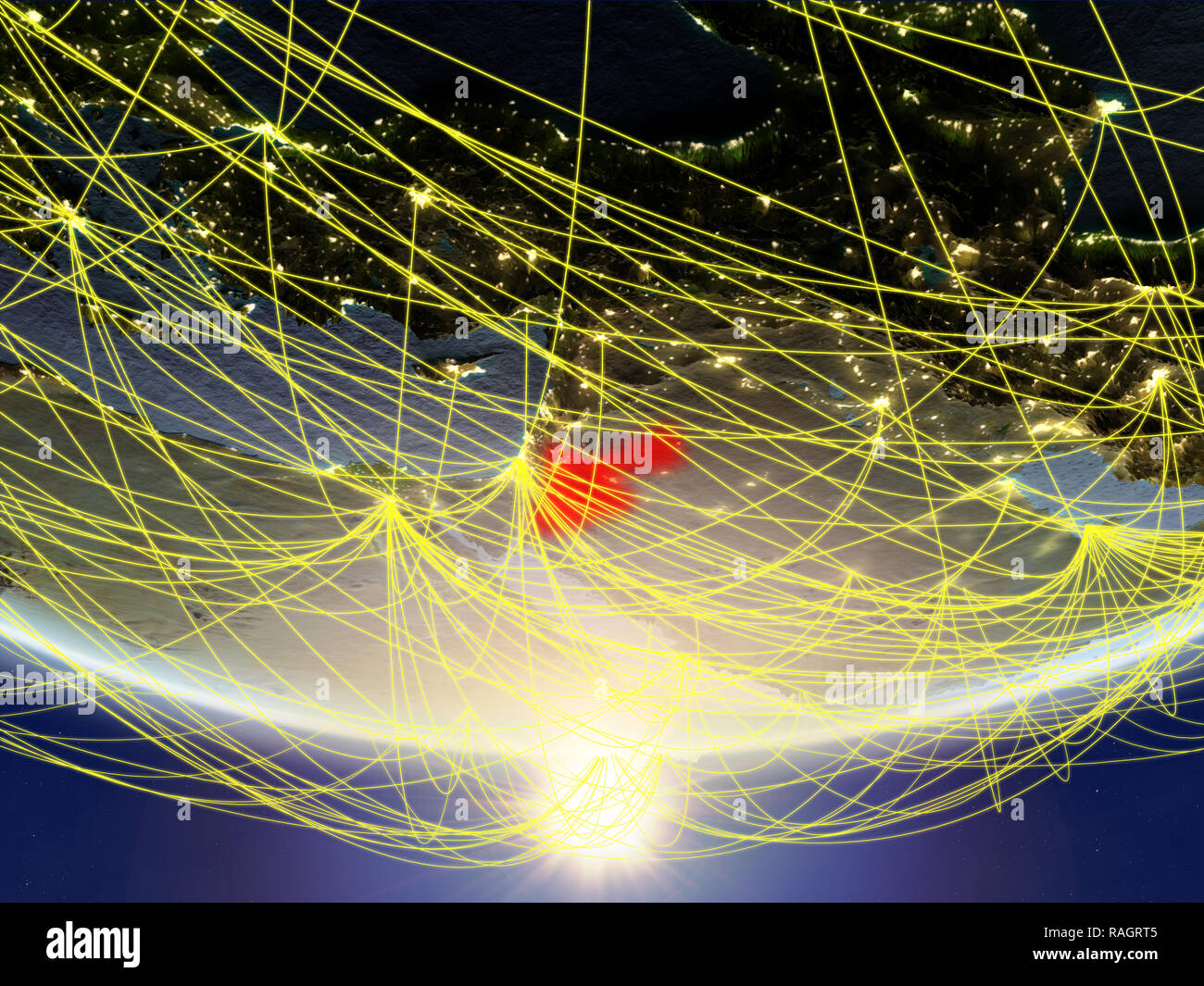 Jordan on model of planet Earth in sunrise with network representing ...