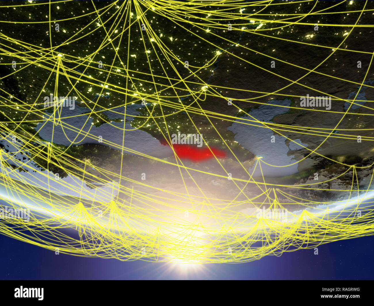 Georgia on model of planet Earth in sunrise with network representing ...