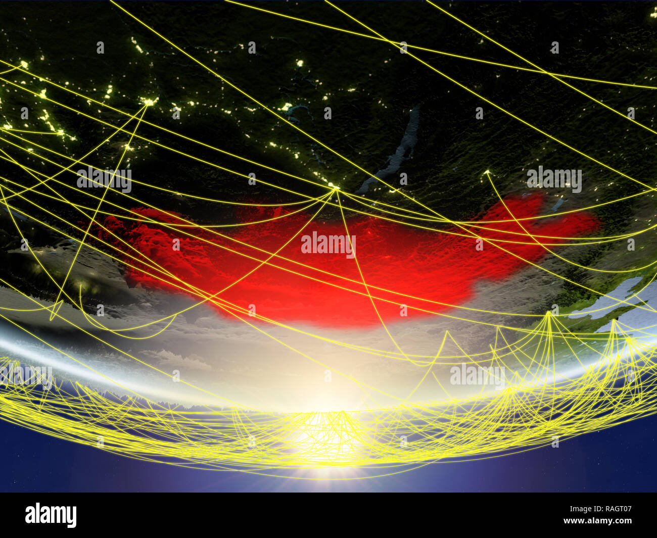 Mongolia on model of planet Earth in sunrise with network representing ...