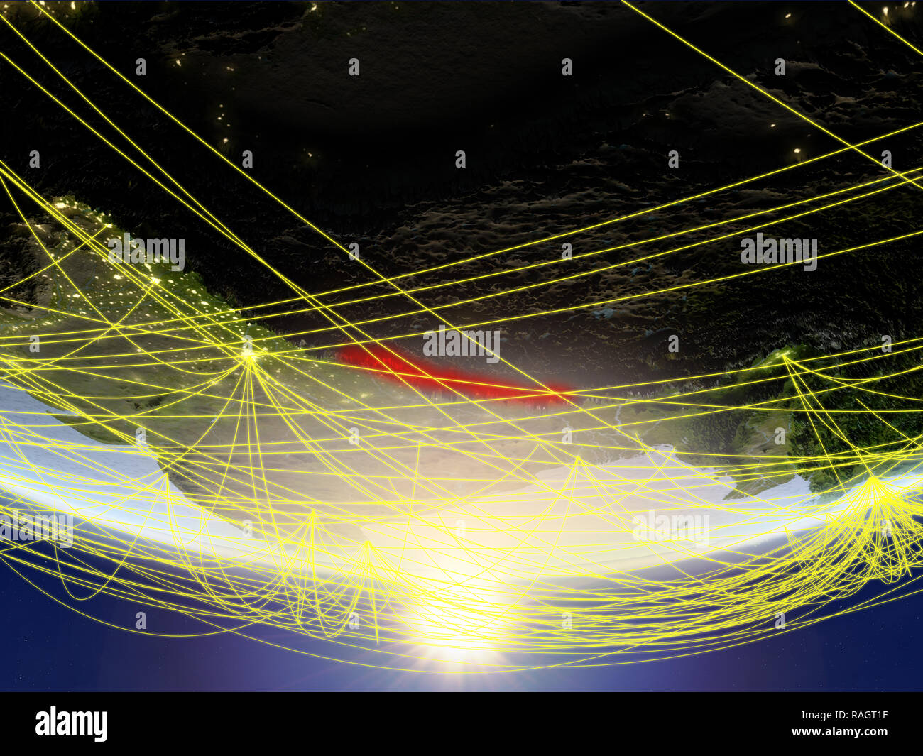 Nepal on model of planet Earth in sunrise with network representing ...