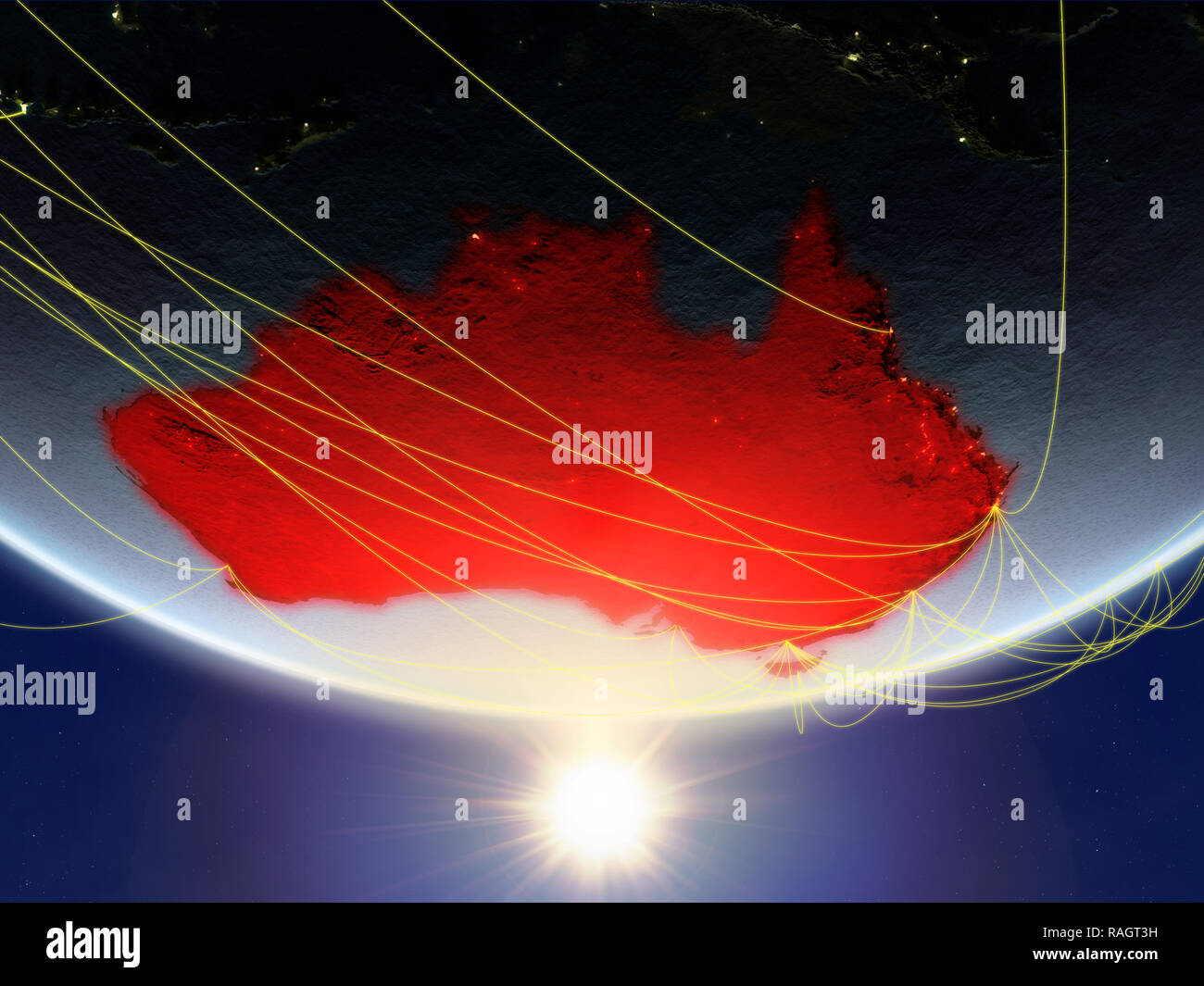 Australia on model of planet Earth in sunrise with network representing ...