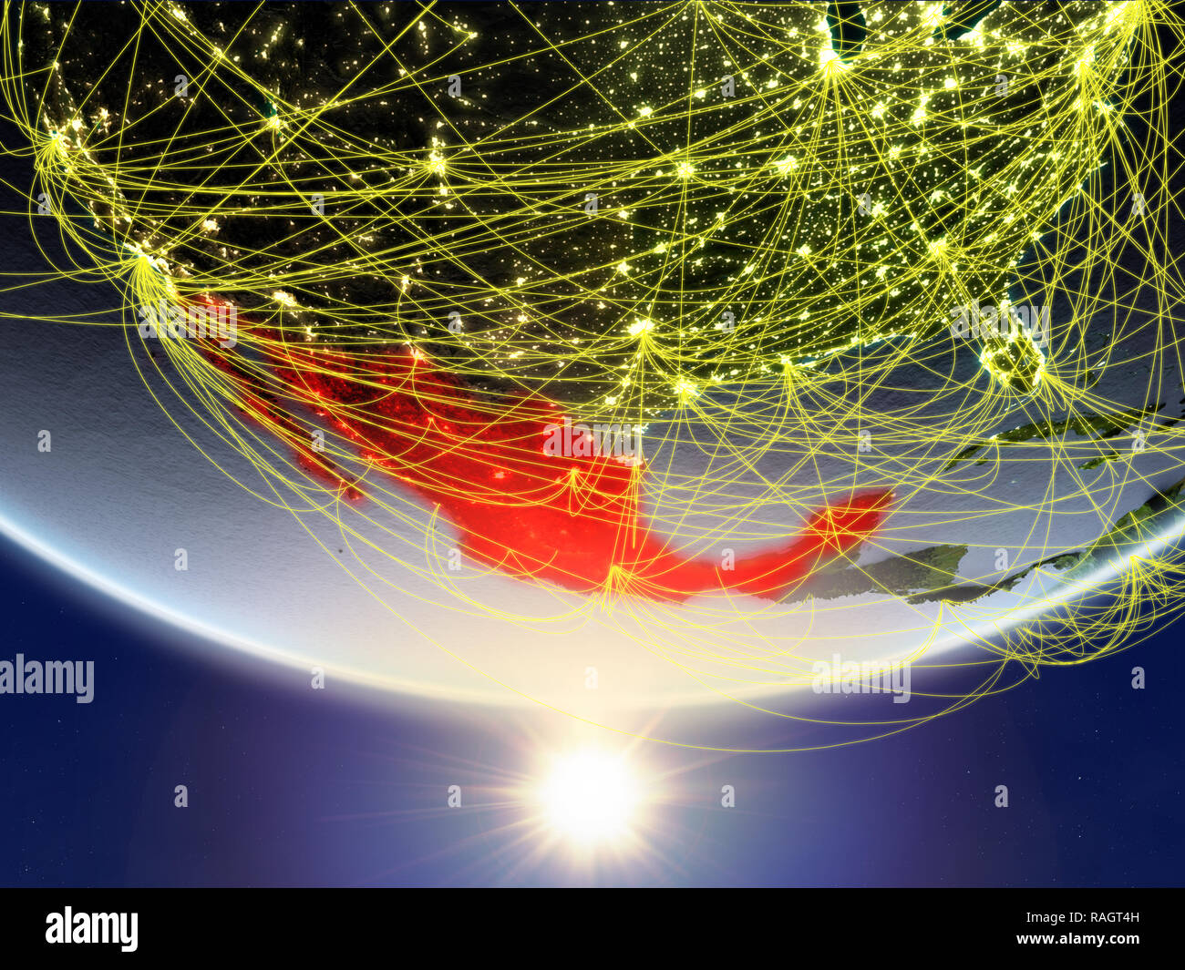 Mexico on model of planet Earth in sunrise with network representing ...