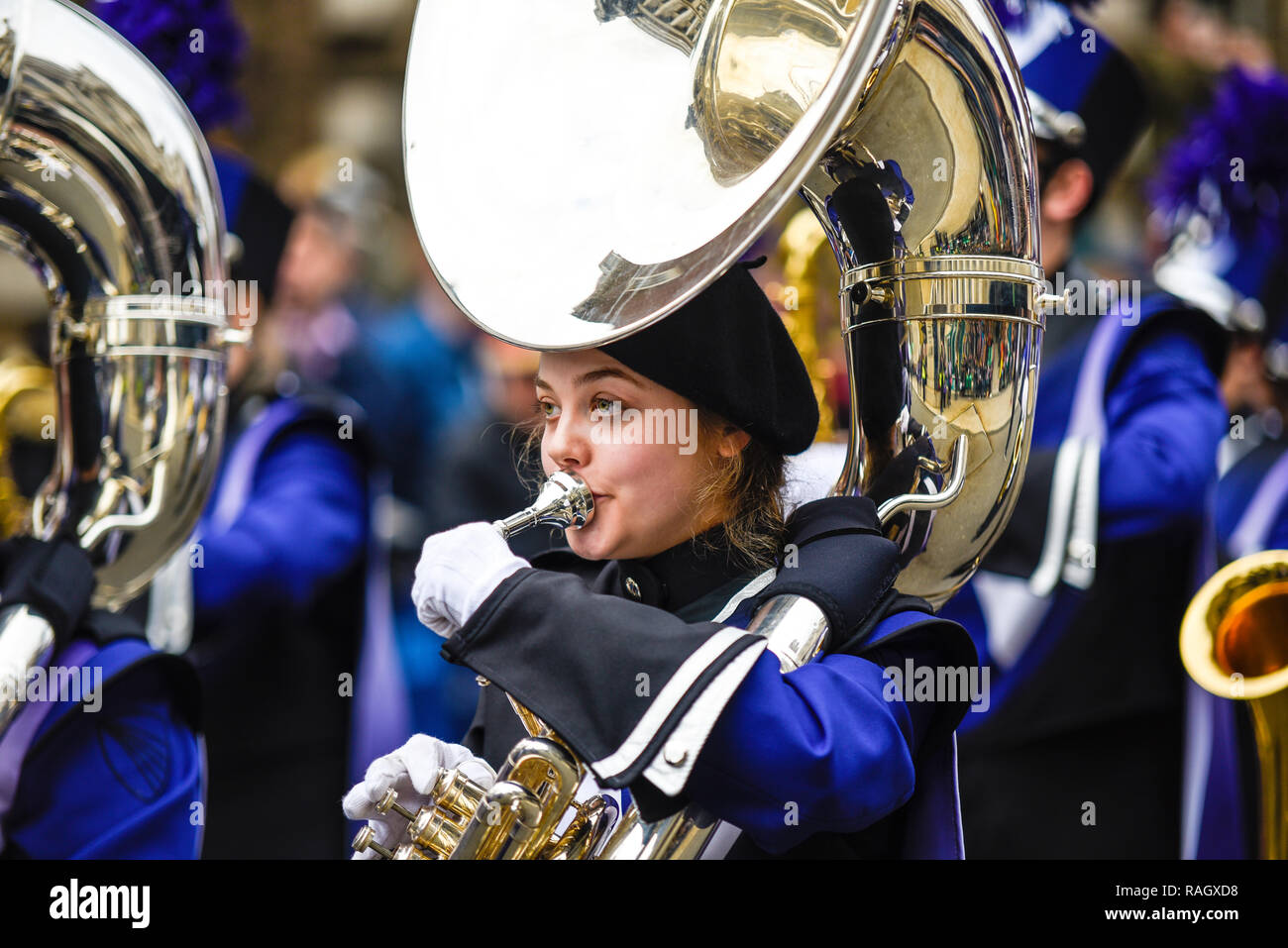 Downers Grove North High School Trojan Marching Band from Illinois, USA, at London's New Year's Day Parade, UK. 2019. Band members Stock Photo