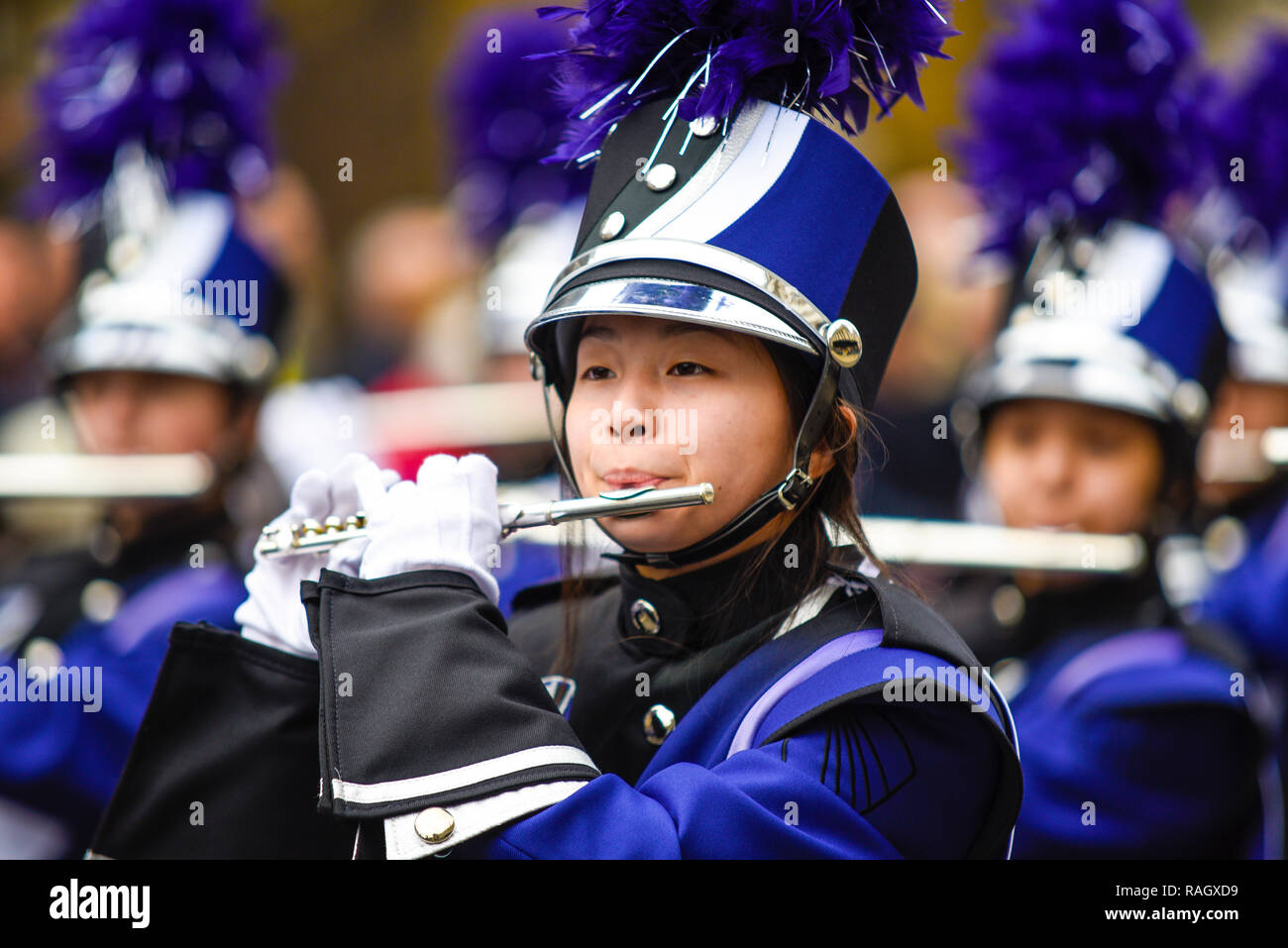 Downers Grove North High School Trojan Marching Band from Illinois, USA, at London's New Year's Day Parade, UK. 2019. Band members Stock Photo