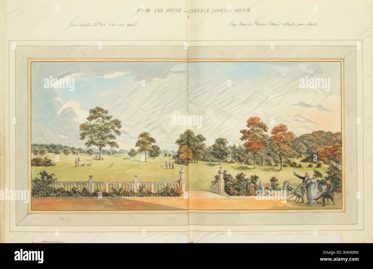 From the house and terrace looking south: overlay down, Humphry Repton architecture and landscape designs, 1807-1813 reimagined Stock Photo
