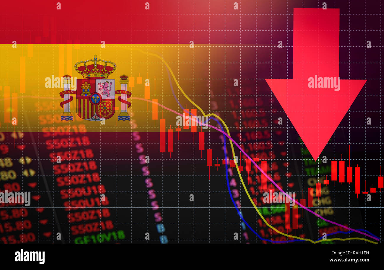 Spain Stock Exchange market crisis red market price down chart fall / Stock analysis or forex charts graph Business and finance money crisis red negat Stock Photo