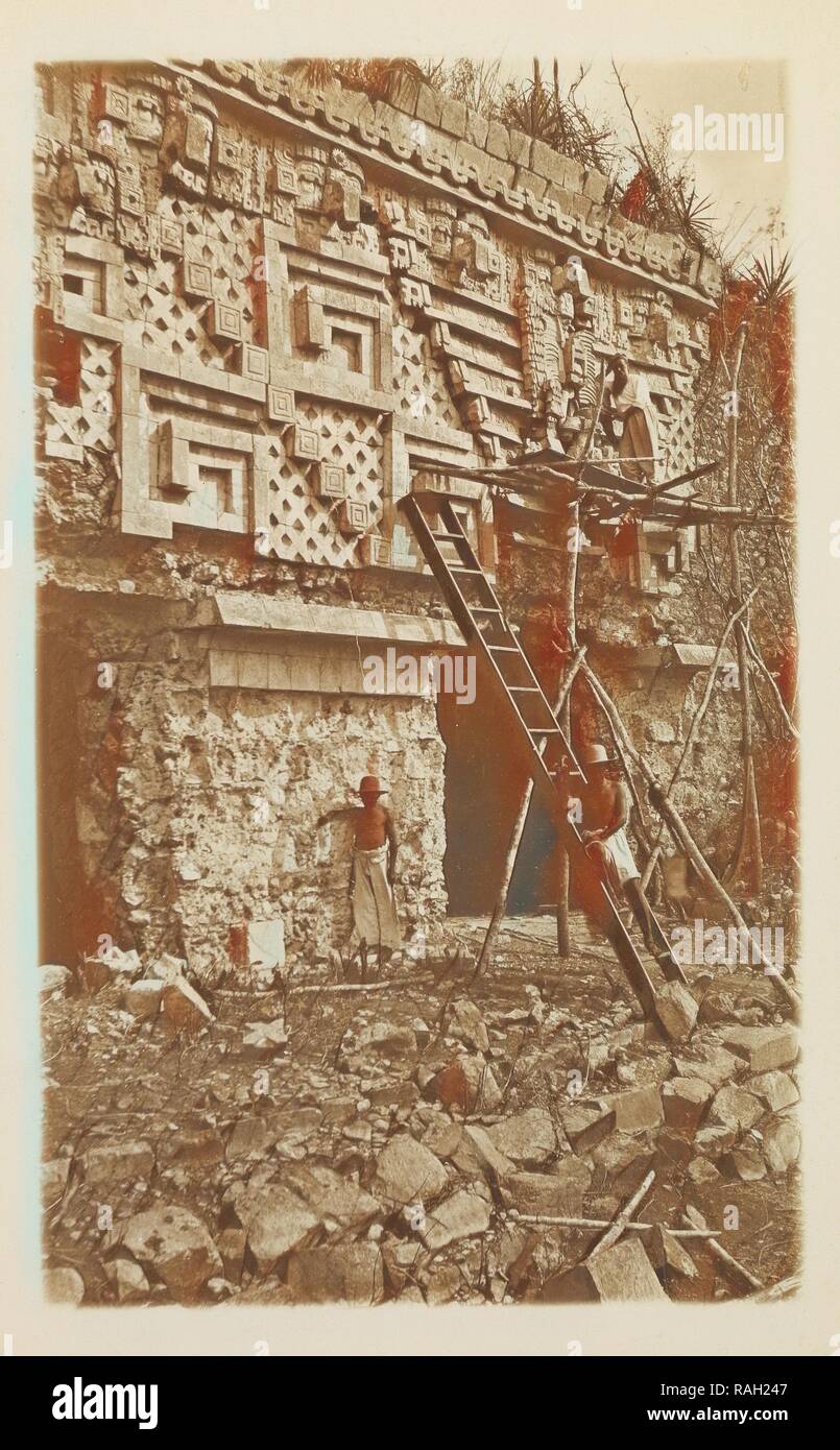 Augustus Le Plongeon on scaffolding, east facade, Governor's Palace