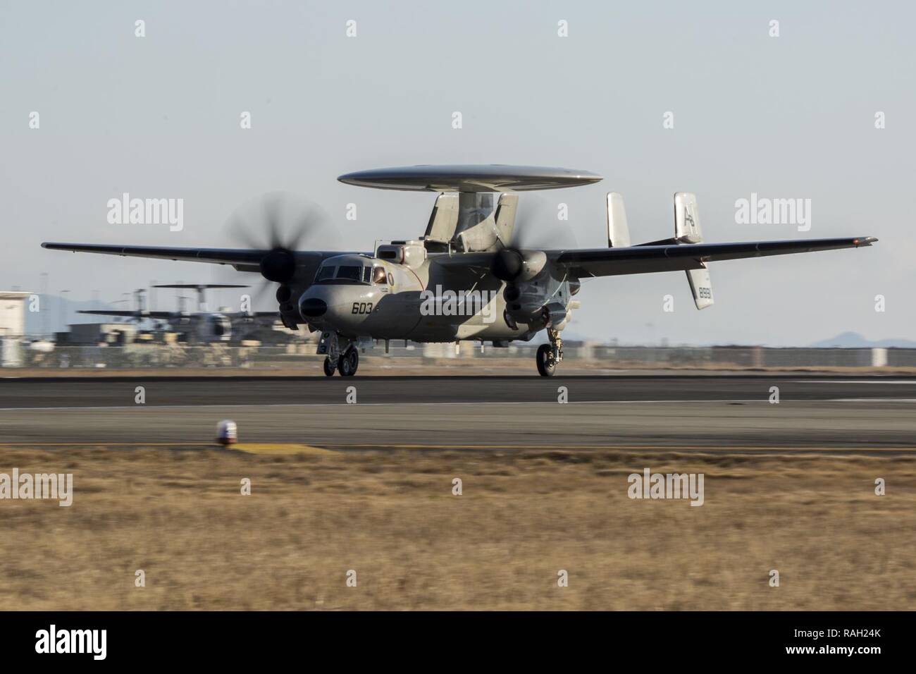 A U S Navy E 2d Advanced Hawkeye With Carrier Airborne Early Warning Squadron Vaw 125 Lands At Marine Corps Air Station Iwakuni Japan Feb 2 17 Vaw 125 Arrived At Mcas Iwakuni From Naval A U S Navy E 2d Advanced Hawkeye With Carrier Airborne Early Warning Squadron Vaw 125 Lands At Marine Corps Air Station Iwakuni Japan Feb 2 17 Vaw 125 Arrived At Mcas Iwakuni From Naval