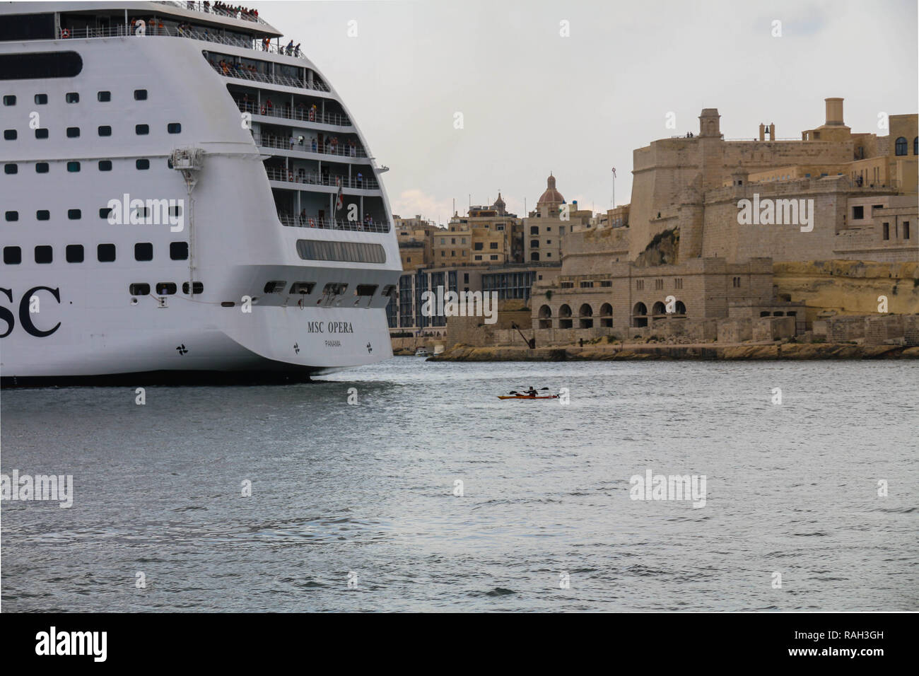 MSC Opera cruiser ship entering to the Valletta's harbor at Valletta, Malta. Stock Photo