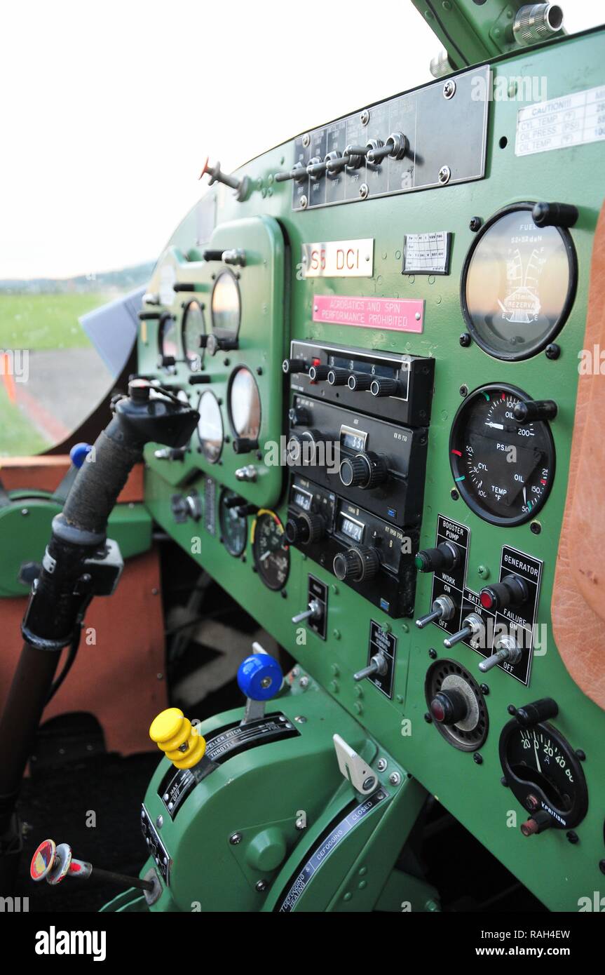 Instrument panel in small sport aircraft, vintage cockpit, aircraft interior, pilot training concept Stock Photo