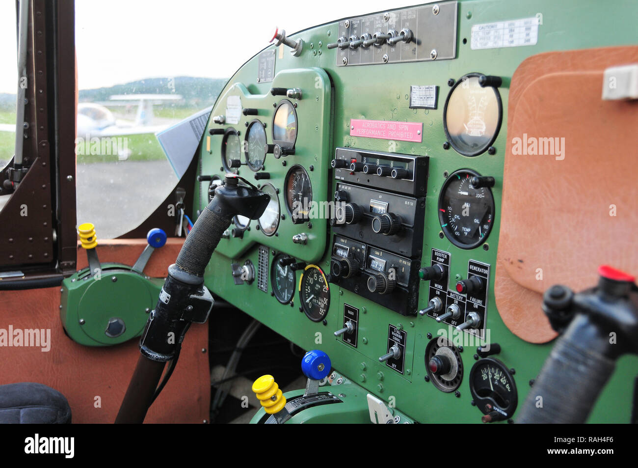 Instrument panel in small sport aircraft, vintage cockpit, aircraft interior, pilot training concept Stock Photo