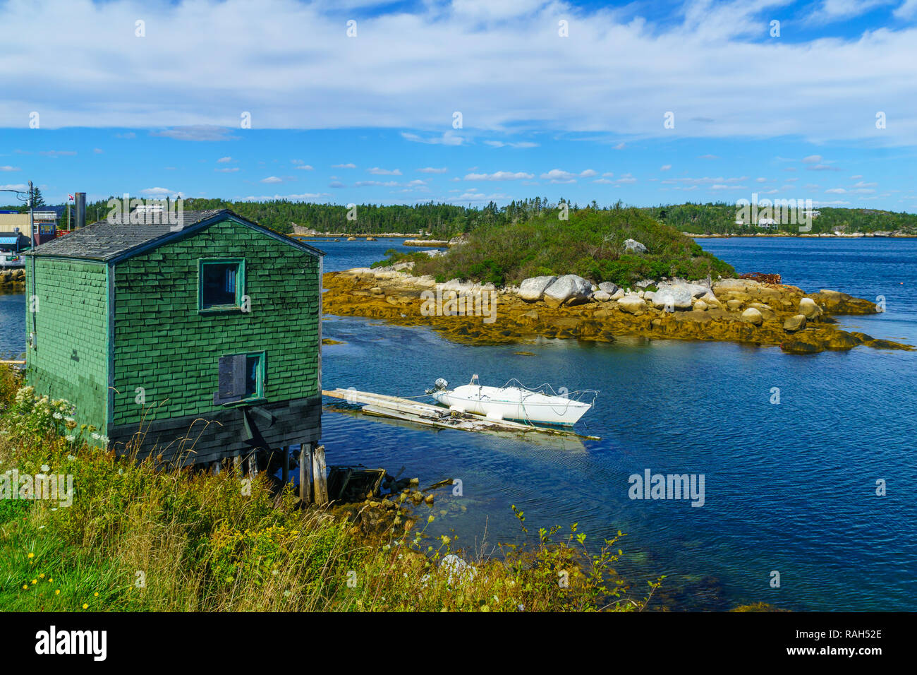 View of a bay and boat in west Dover, Nova Scotia, Canada Stock Photo