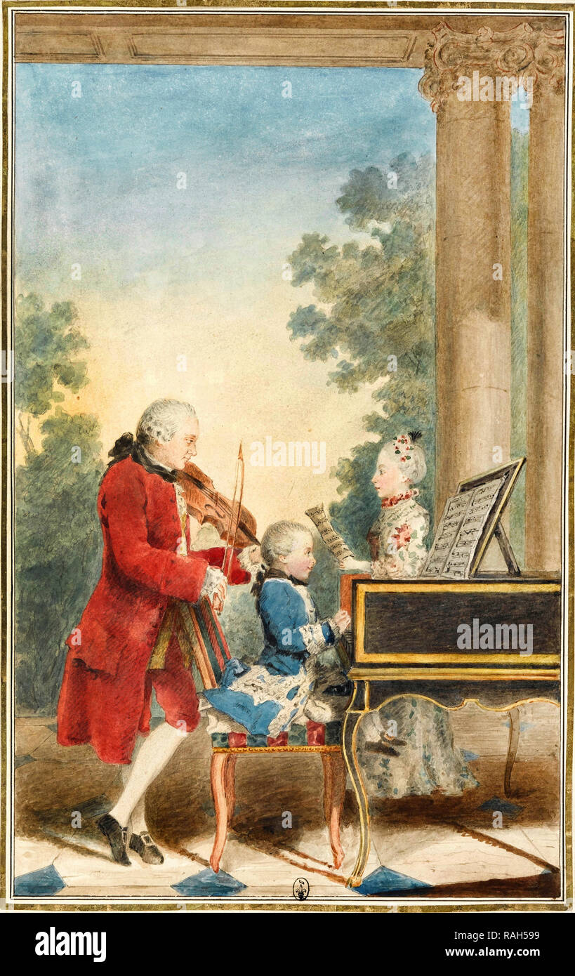 Louis Carrogis Carmontelle, Portrait of Wolfgang Amadeus Mozart 1763 griffel, gouache , paper, watercolor paint, Conde Museum, Chantilly, France. Stock Photo
