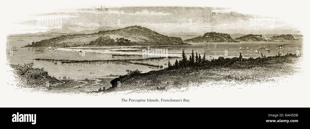 Porcupine Islands, Frenchman’s Bay, Maine, United States, American Victorian Engraving, 1872 Stock Photo