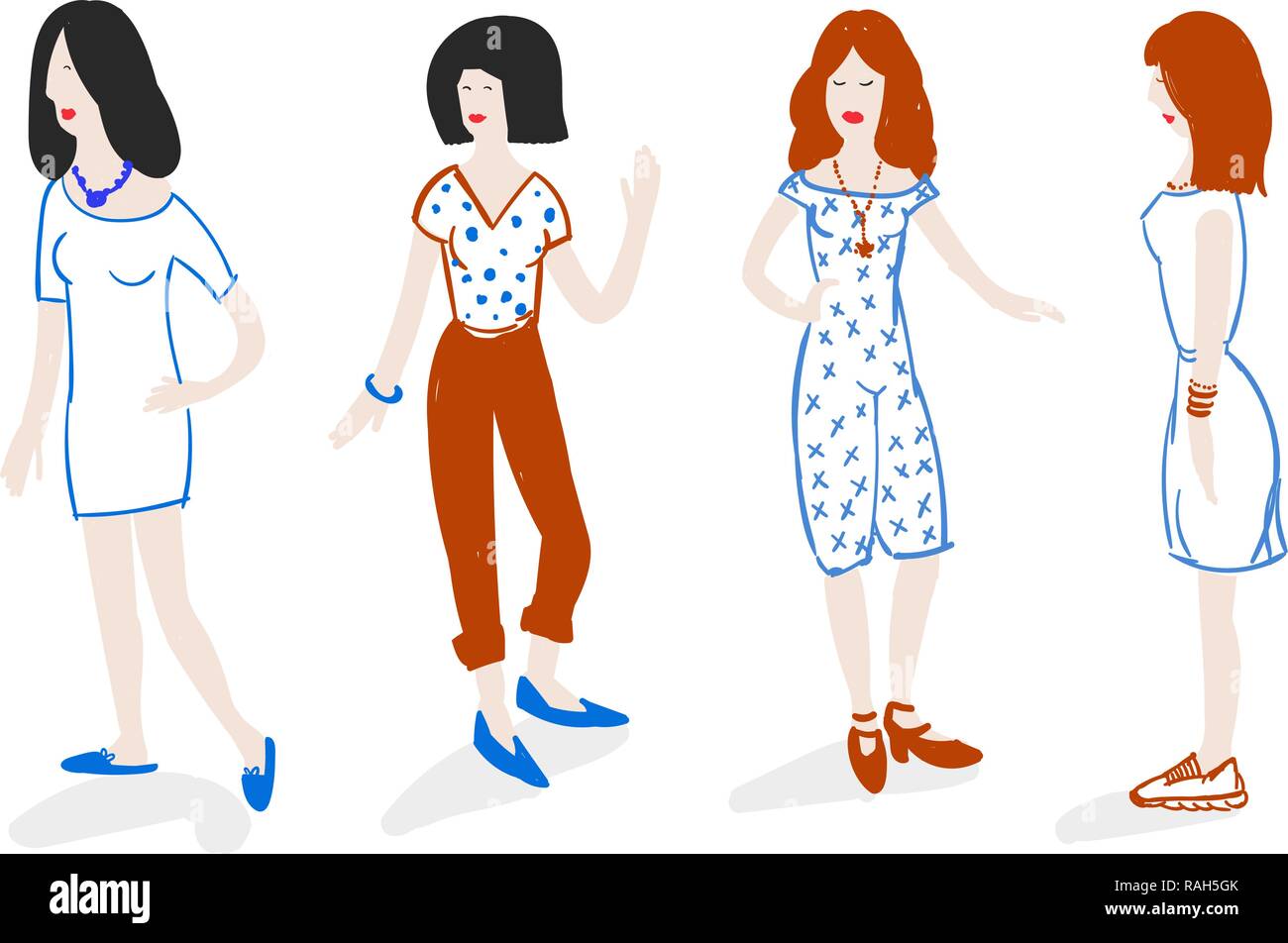 Group of fashionable girls standing doodle style Stock Vector