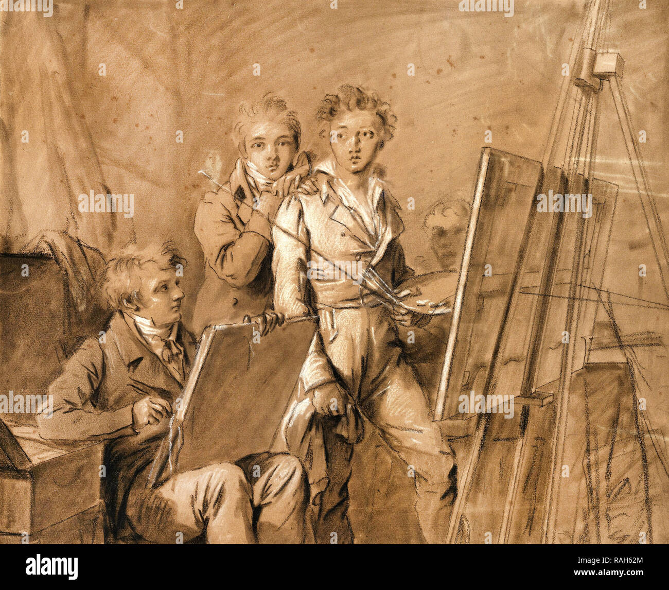 Louis Leopold Boilly, Three Young Artists in a Studio, Circa 1820, Black and white chalk on paper, drawing, The J. Paul Getty Museum, Los Angeles, USA. Stock Photo