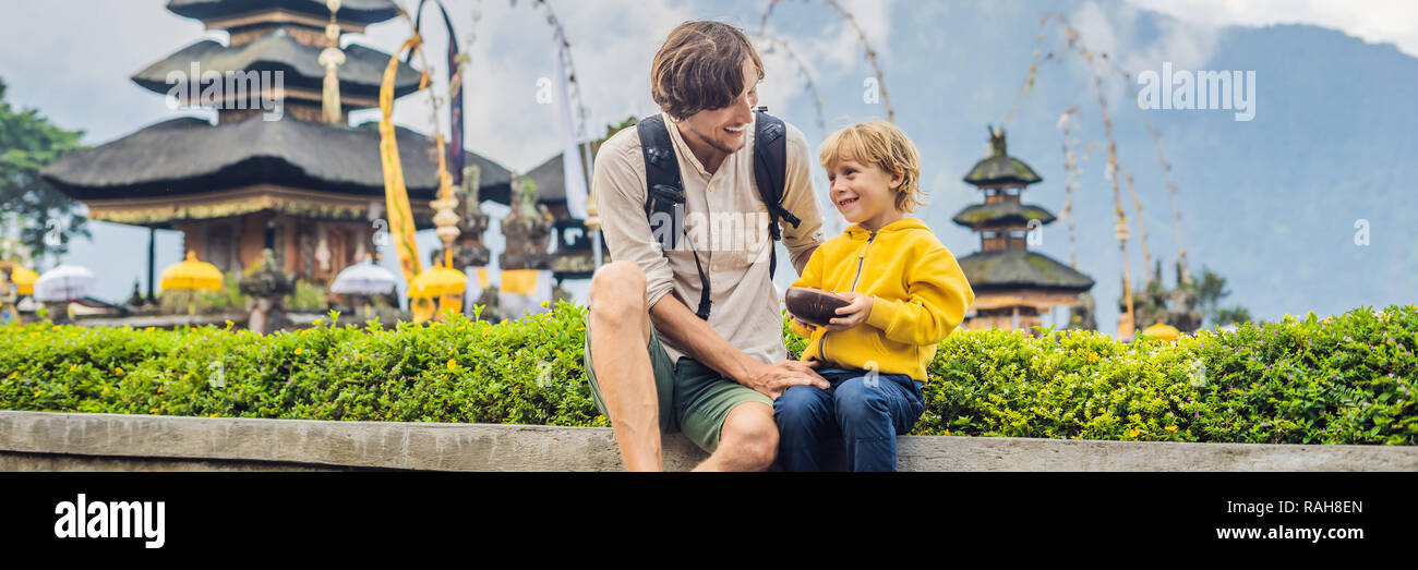 Dad And Son In The Background Of Pura Ulun Danu Bratan Bali