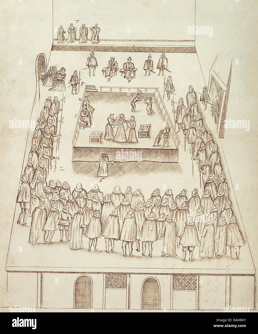 The execution of Mary Queen of Scots at Fotheringhay Castle on 8 February 1587, drawn by Robert Beale (1541-1601),Clerk of the Privy Council to Queen Elizabeth I, who wrote the official record of the execution of Mary, Queen of Scots, to which he was an eyewitness. The evening before the exection he had read-out to Mary, Queen of Scots her death warrant and informed her that she was to be executed the following morning. Key to numbers: George Talbot, 6th Earl of Shrewsbury and Henry Grey, 6th Earl of Kent are seated to the left (1 & 2) and Sir Amias Paulet Stock Photo