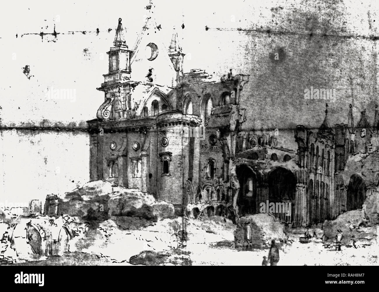 Remains of the Old St. Paul’s Cathedral after the fire drawn by Thomas Wyck, circa 1673 Stock Photo