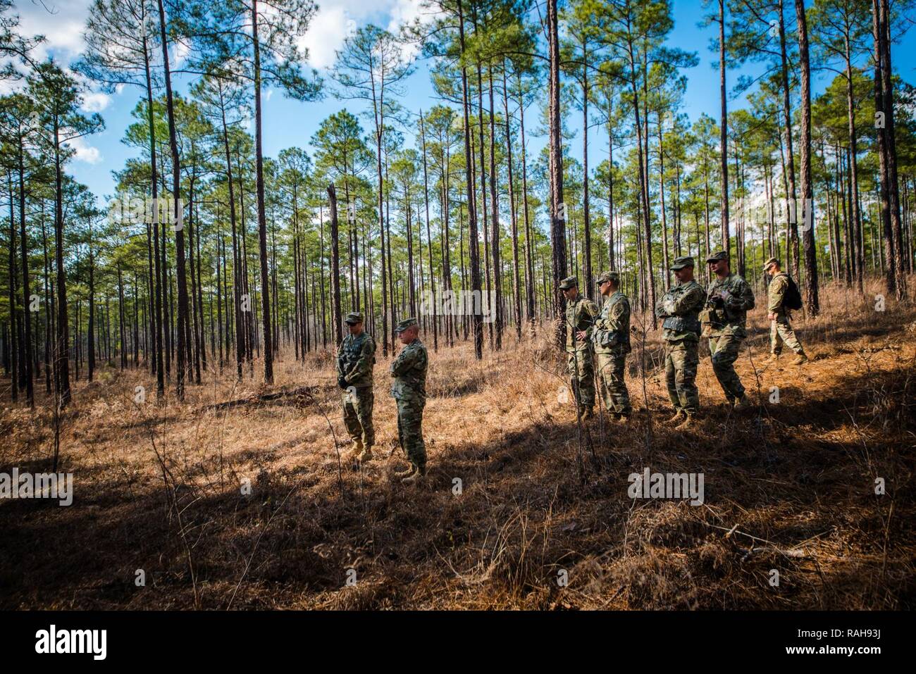 (FORT BENNING, GA) - Lt. Gen. Michael D. Lundy, commanding general, Combined Arms Center, and Maj. Gen. Eric J. Wesley, commanding general of the Maneuver Center of Excellence, observe a combined training exercise between Infantry One Station Unit Training (OSUT) and Infantry Advanced Leaders Course (IN ALC) February 2, 2107, at various locations across Fort Benning. Stock Photo