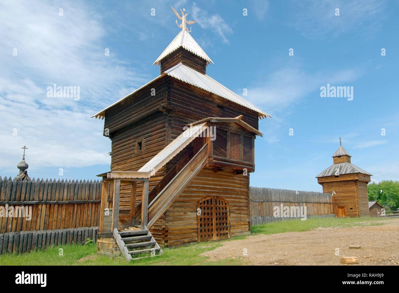 Spassky tower of the Ylym jail, 1667, Irkutsk Architectural and Ethnographic Museum 'Taltsy', settlement of Talzy Stock Photo