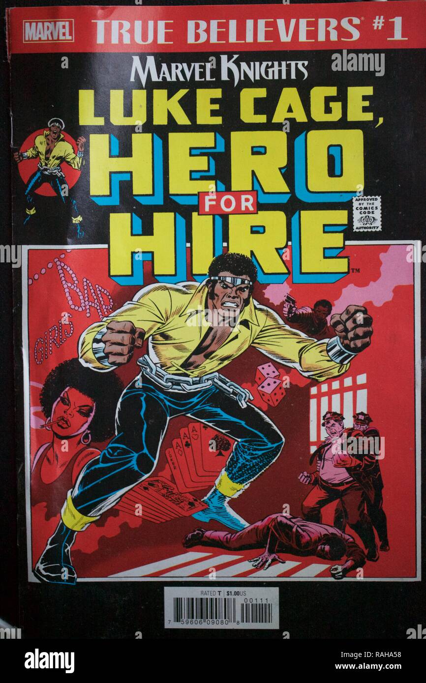 Superhero comic book featuring the black character called Luke Cage, produced by Marvel Comics, and recently made into a TV series for Netflix. Stock Photo