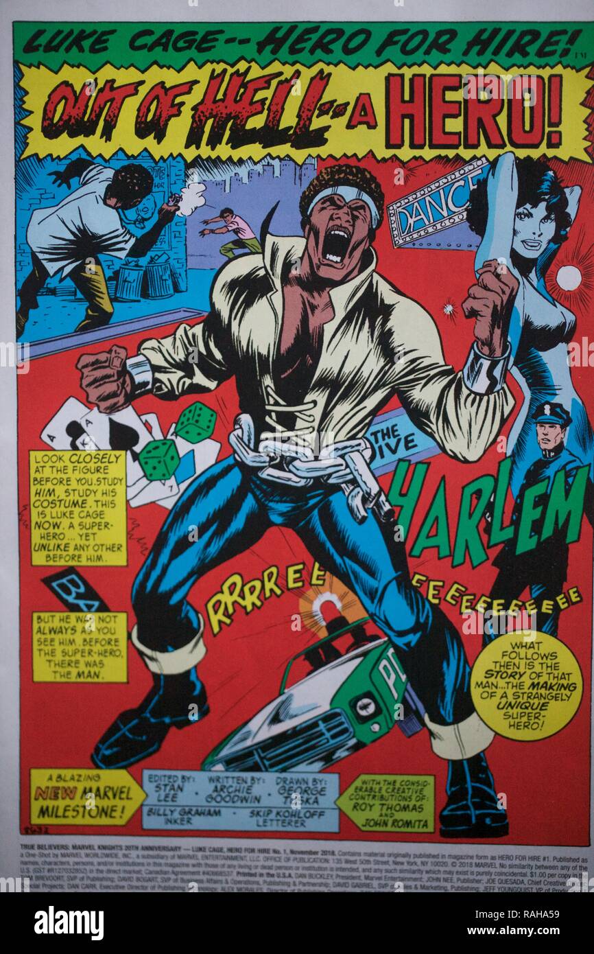 Superhero comic book featuring the black character called Luke Cage, produced by Marvel Comics, and recently made into a TV series for Netflix. Stock Photo