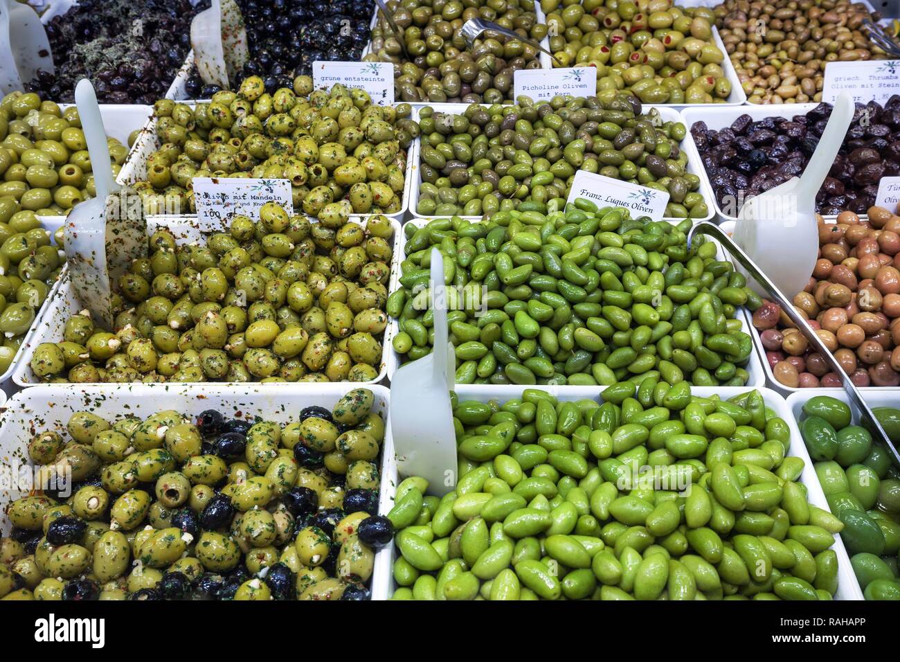 Sales stand, various pickled olives, Stuttgart market hall, Stuttgart, Baden-Württemberg, Germany Stock Photo