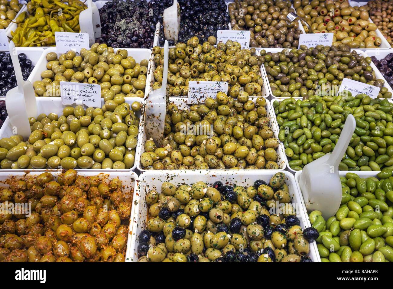 Sales stand, various pickled olives, Stuttgart market hall, Stuttgart, Baden-Württemberg, Germany Stock Photo