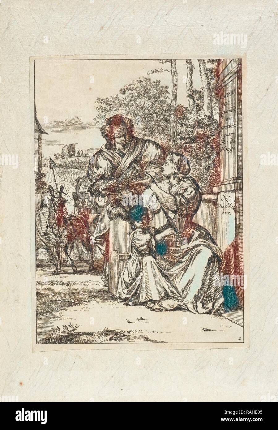 Two women and a little girl, Hooghe, Romeyn de, 1645-1708, Visscher, Nicolae, 1618-1679, Engraving, 1674, Engraved reimagined Stock Photo