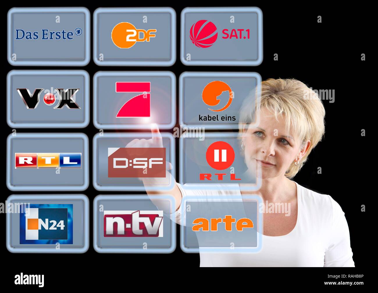 Woman working with a virtual screen, touch screens, German television stations Stock Photo