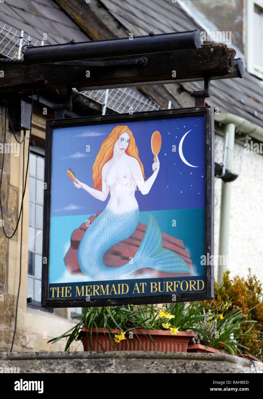 Inn sign, Mermaid Pub, High Street, Burford, Oxfordshire, Great Britain, Europe Stock Photo