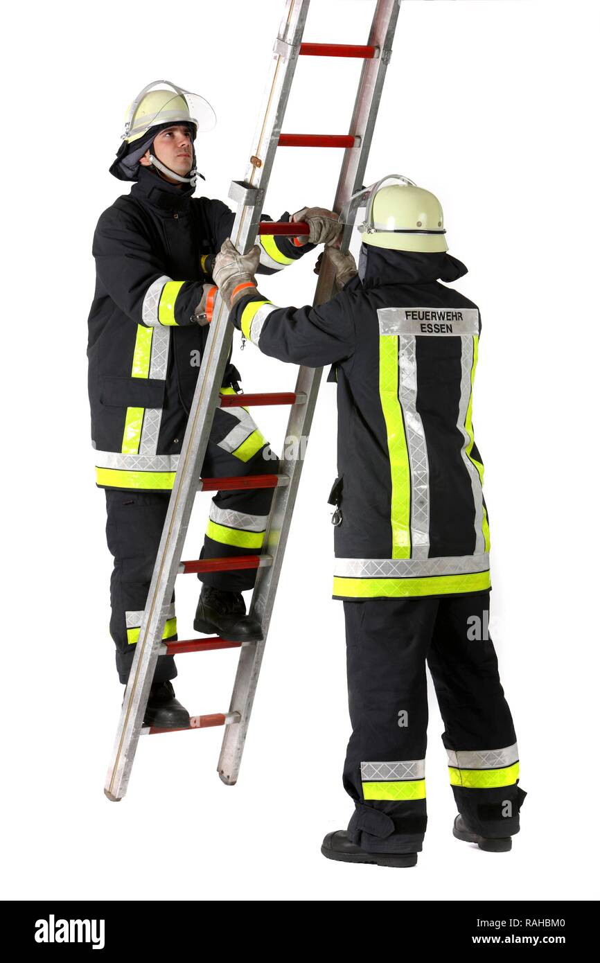 Firefighters with an aluminum ladder, professional firefighters from the Berufsfeuerwehr Essen, Essen, North Rhine-Westphalia Stock Photo