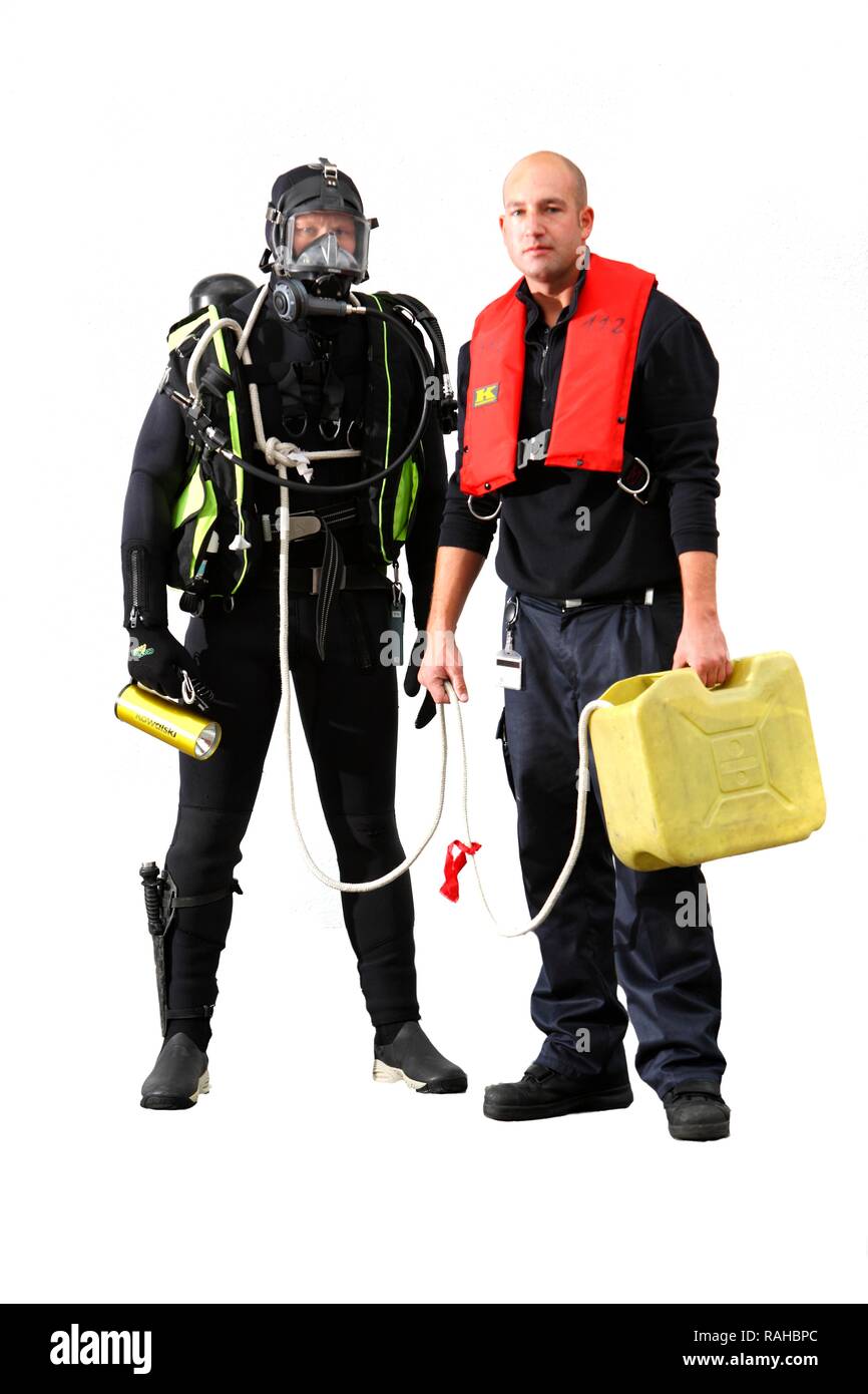 Rescue and salvage diver from the fire brigade, with a security man, lead man, professional firefighters from the Stock Photo