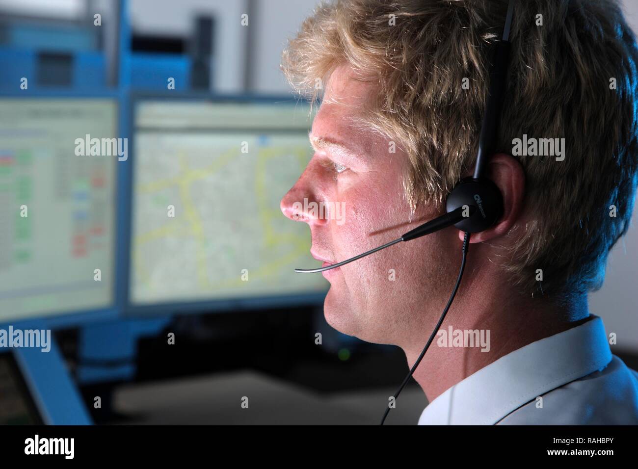 Control centre of the fire department, where calls to the emergency number 112, automatic emergency calls and alarms from fire Stock Photo