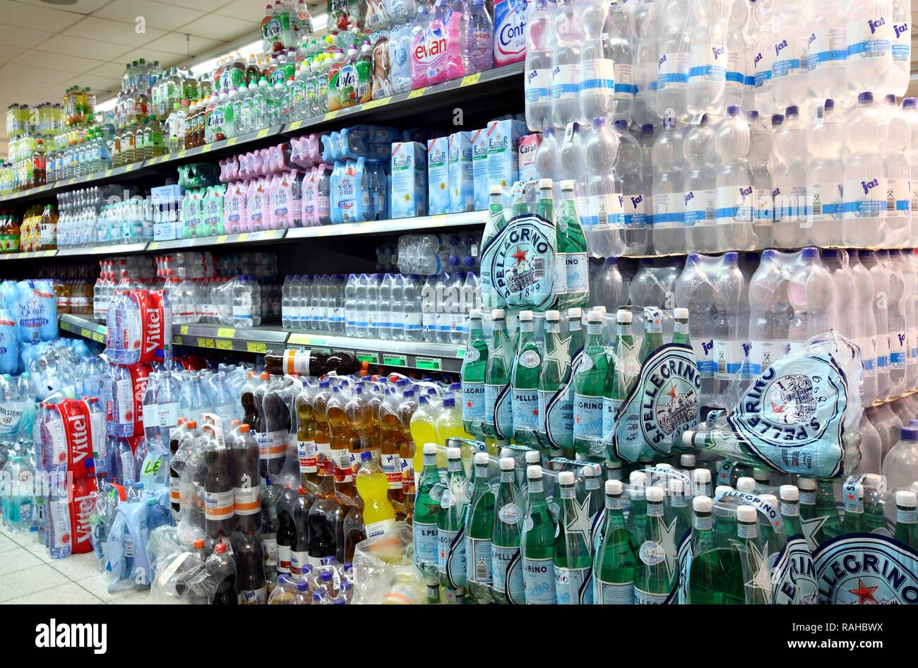 Beverage section, selfservice, food department, supermarket Stock