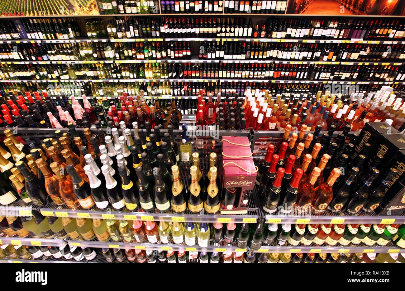 Beverage section, alcohol, spirits, self-service, food department, supermarket Stock Photo