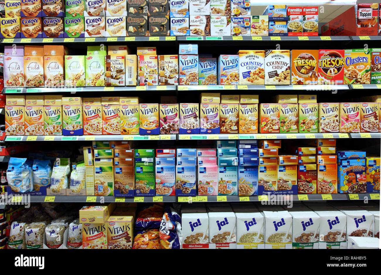 Shelves with various cereals breakfast cereals, selfservice, food