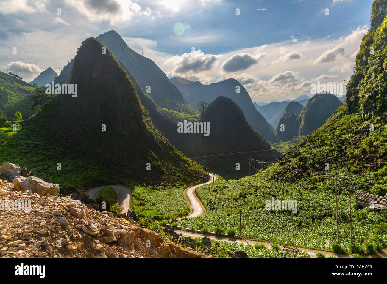 Narrow winding mountain road. Ha Giang Loop, Ha Giang Province, Vietnam, Asia Stock Photo