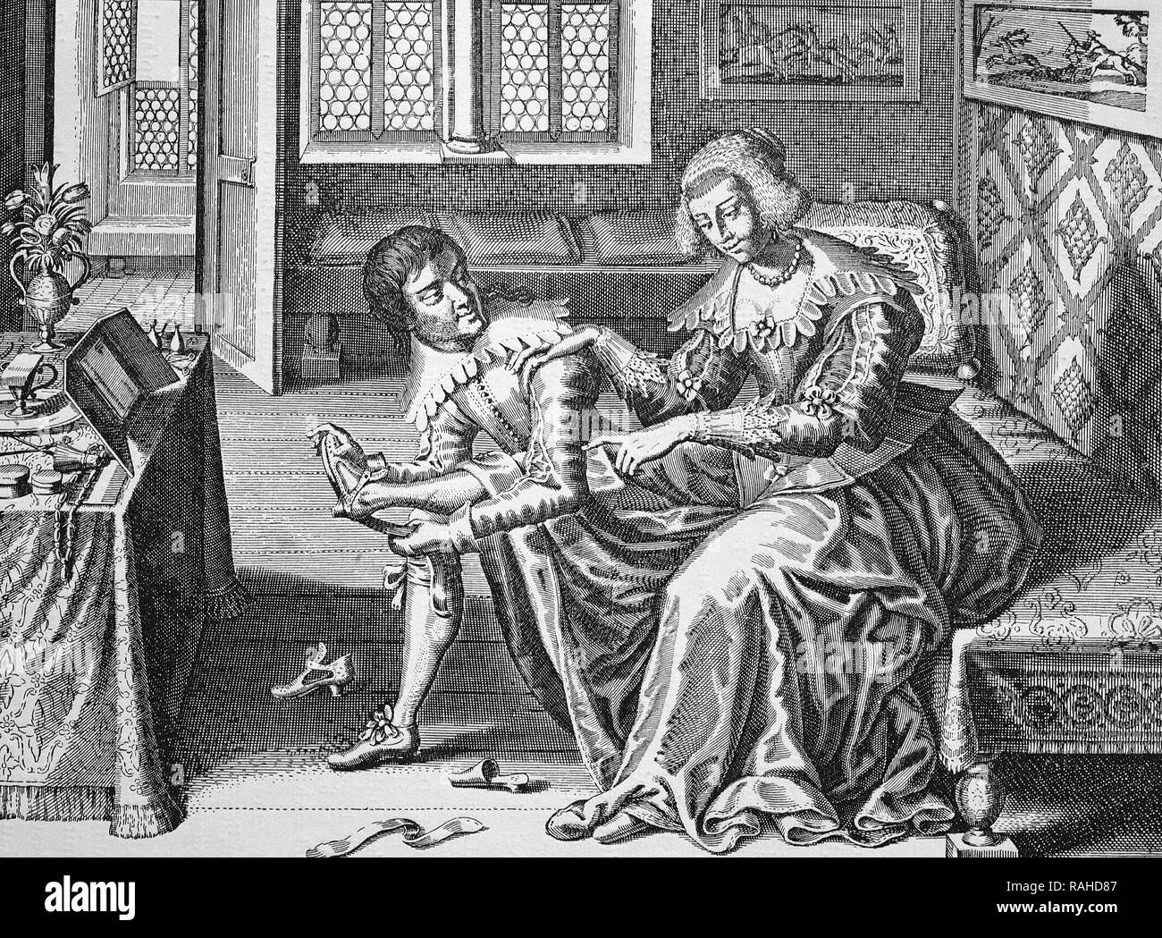The gallant noble woman, copper engraving by Jakob Heyden, 1636 Stock Photo