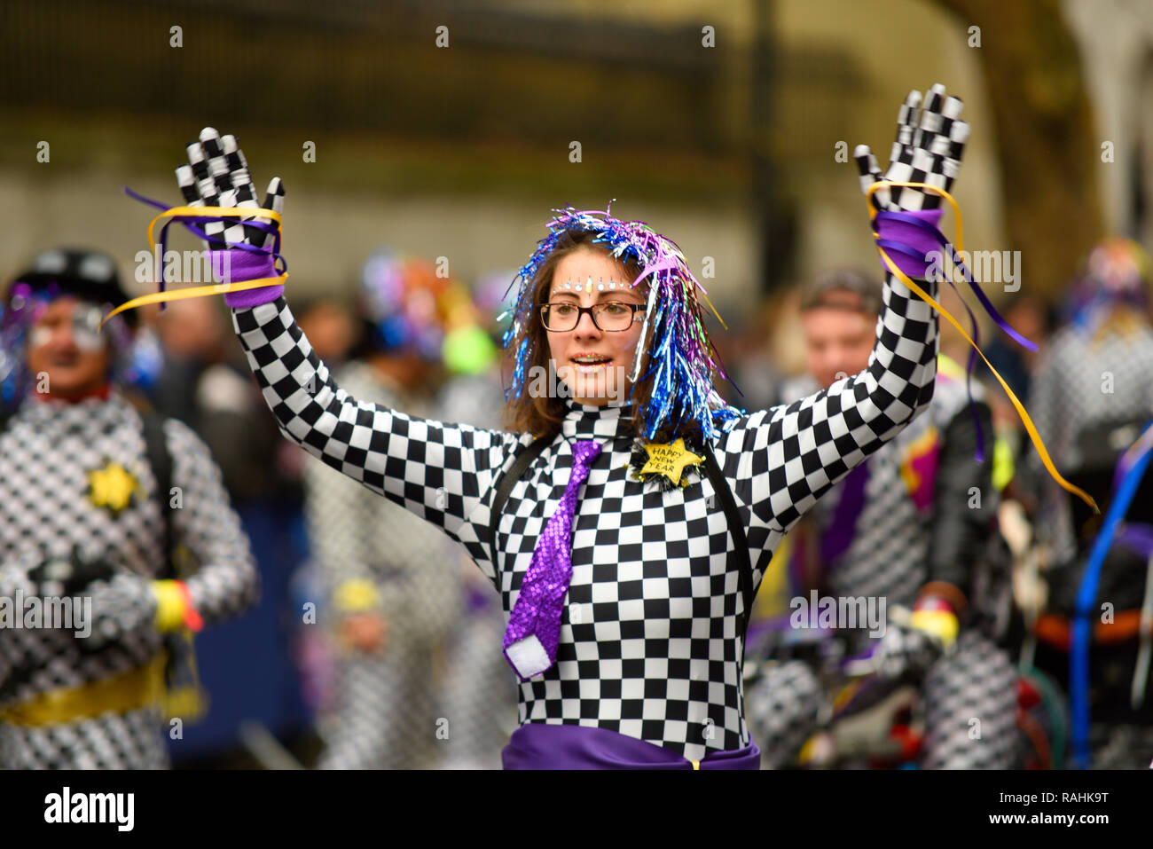 Skaters at LNYDP 2019 at London's New Year's Day Parade, UK. Female in costume Stock Photo