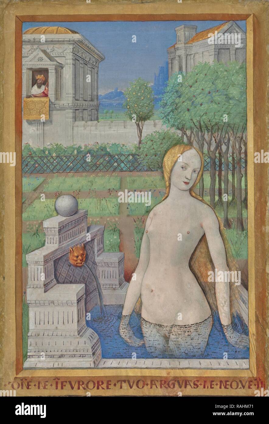 Bathsheba Bathing, Jean Bourdichon (French, 1457 - 1521), Tours, France, 1498–1499, Tempera and gold on parchment reimagined Stock Photo