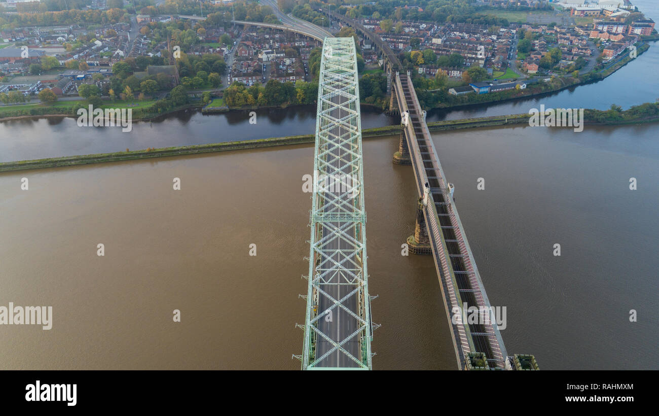 An aerial pic of Silver Jubilee Bridge spanning Halton (Widnes & Runcorn), a through arch bridge constructed in 1961. Closed for renovation until 2020 Stock Photo