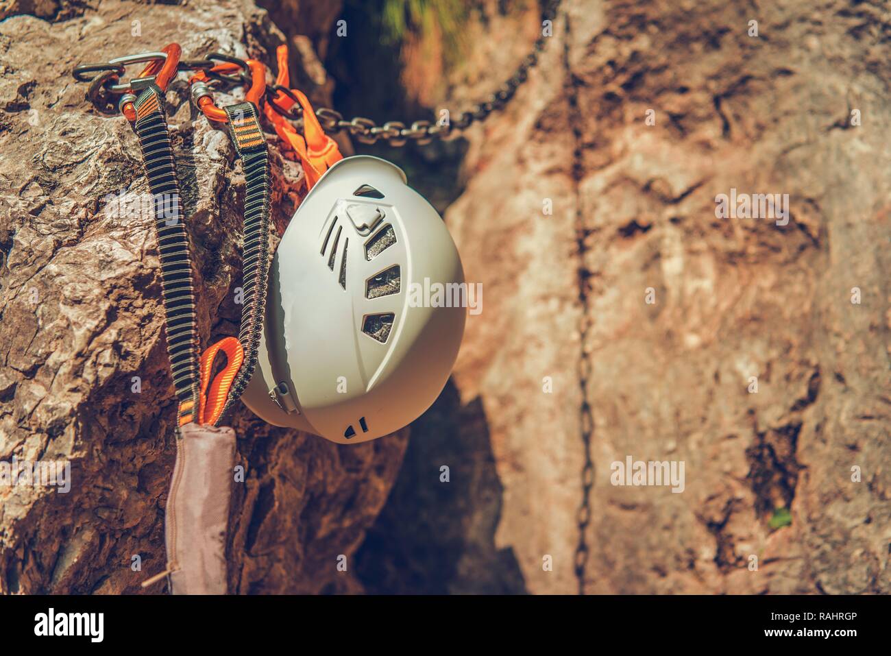 Rock Climbing Equipment. Hard Hat Sport Helmet, Climb Stoppers and the