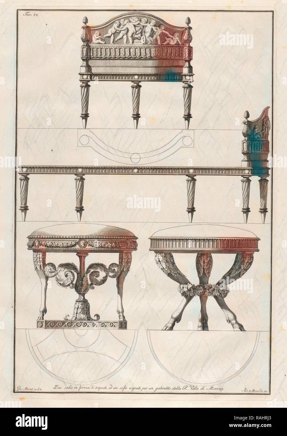 Due sedi in forma di tripode, ed un sofa eseguiti per un gabinetti della R. Villa de Monza, Alcune decorazioni di reimagined Stock Photo