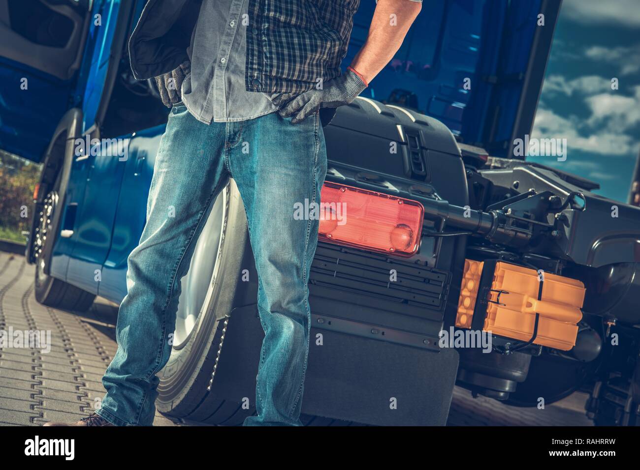 Transportation Industry.. Truck Driver Job. Caucasian Semi Truck Driver